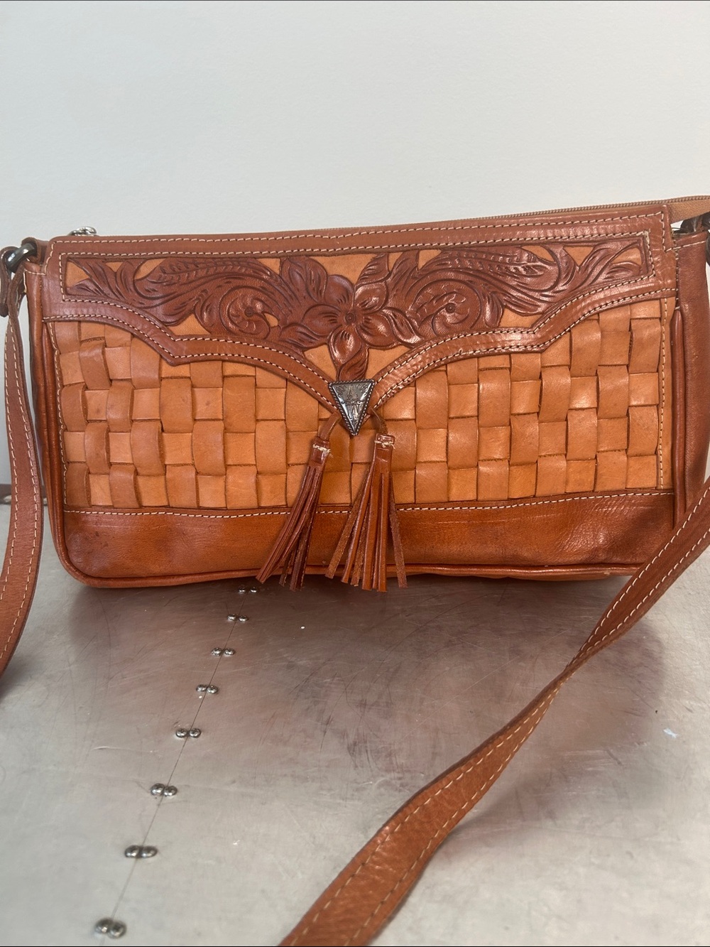 Vintage American West Brown Woven & Tooled Leather Crossbody with Tassels